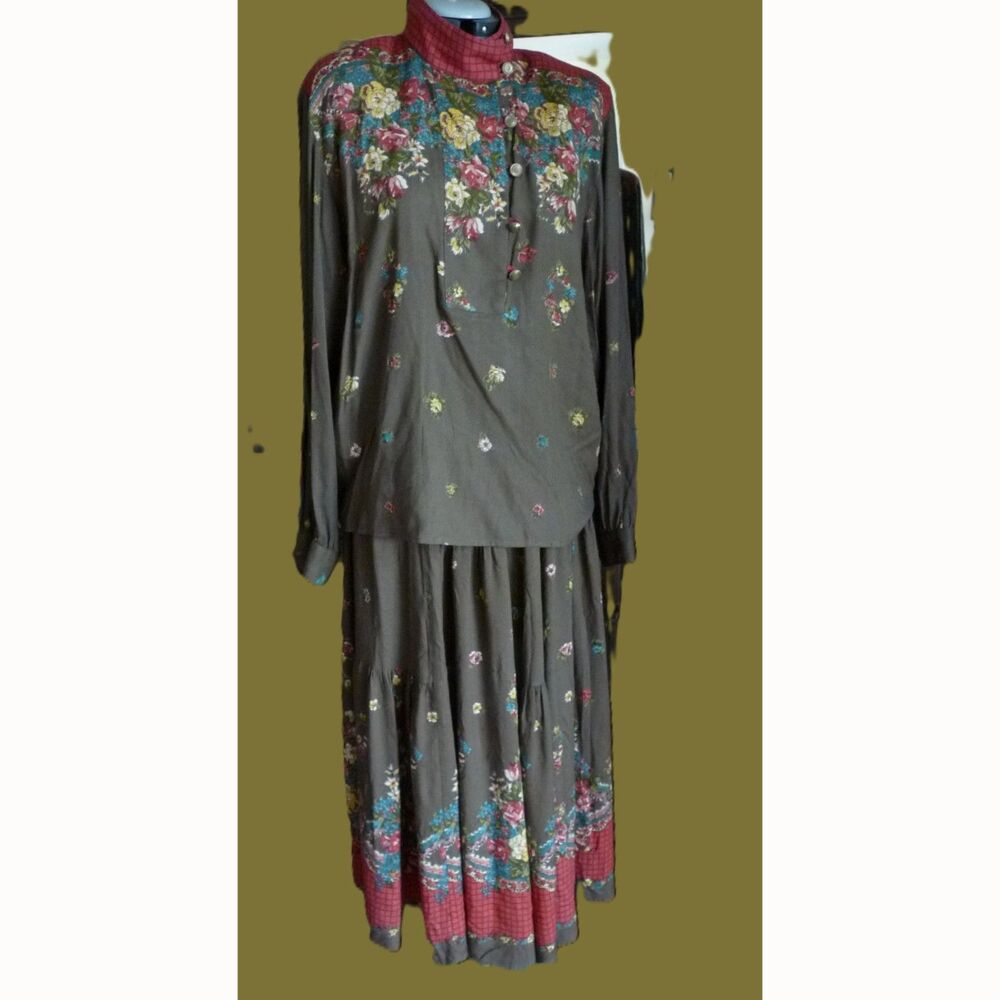 Vintage Carole Little Border Print Tier Skirt Tab Collar Tunic Set 12 M-L